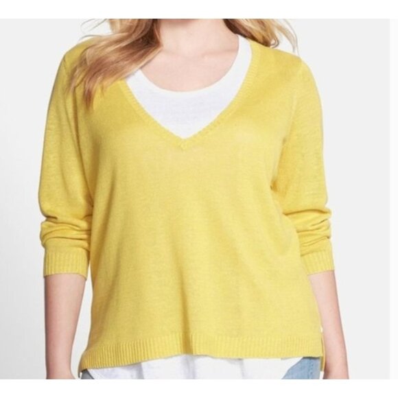 EILEEN FISHER yellow 100% linen v neck sweater size 1X - Picture 1 of 7